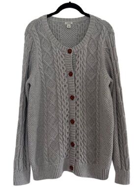 L.L. Bean Cable Knit Cardigan Sweater Button Down Grey Cotton Chunky